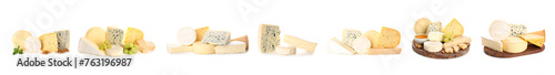 Collage of different types of cheeses on white background