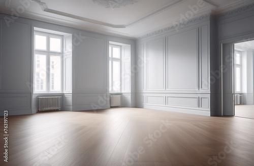 White Classic Wall Background  Brown Parquet Floor  Minimalist Room Interior With White Wall