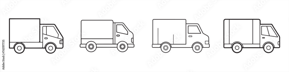 Shipping delivery truck icon set. Express delivery trucks icons. Fast shipping truck. Free delivery 24 hours. Logistic trucking sign. Vector illustration.