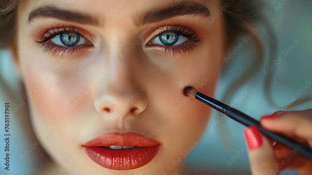 Closeup of a woman getting her makeup done by a professional artist. Concept Makeup Artistry, Beauty Transformation, Closeup Photography, Cosmetics Application, Behind the Scenes