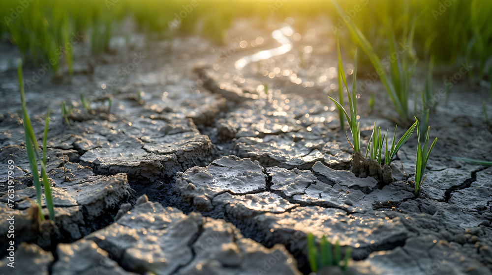Land with dry and cracked ground and green field .Desert, Global warming background Land with dry and cracked ground and green field .Desert, Global warming background