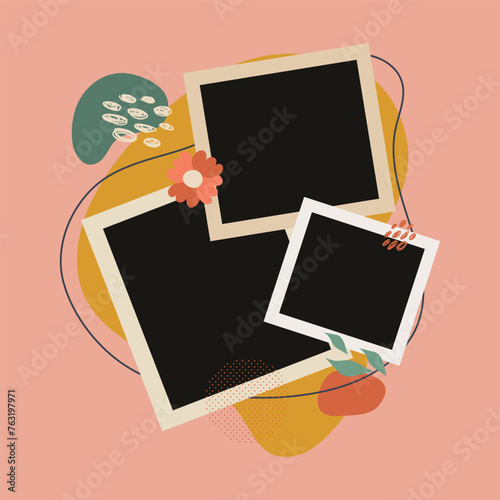 Three photo frames modern template with modern contemporary hand draw abstract shapes, minimal trendy concept for presentations or landing page 