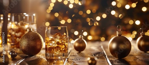A circular wooden table adorned with Christmas decorations, a glass of amber whiskey, and metal drinkware. A fashionable accessory for any city event