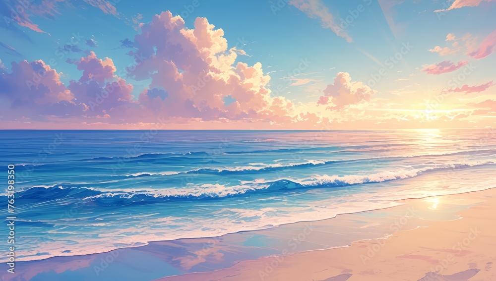 A beautiful sunset over the ocean, with vibrant colors in orange and pink, reflecting on calm waves as they gently lap against an empty beach. 