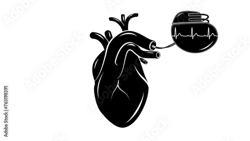 Artificial cardiac pacemaker in heart, black isolated silhouette