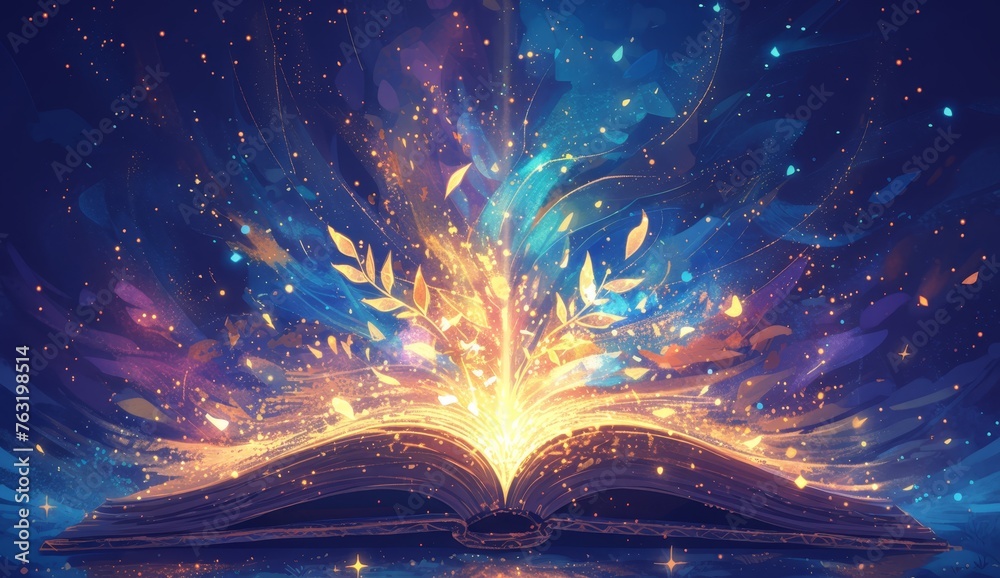 A book with colorful, glowing pages is open and spilling out words of wisdom. The background shows an abstract dark space that enhances the vibrant colors of light particles emanating from within.  - obrazy, fototapety, plakaty 