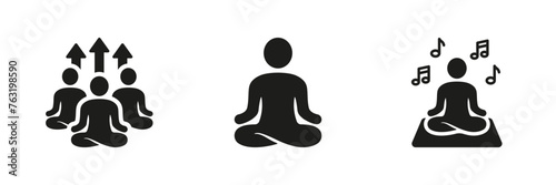 Wellness Silhouette Icon Set. Meditate And Relax Symbol Collection. Group Yoga Exercises And Meditation, Zen Pose Glyph Pictogram. Calm, Serenity, Balance Sign. Isolated Vector Illustration