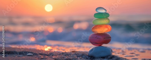 Colorful sea glass cairn on the beach at sunset