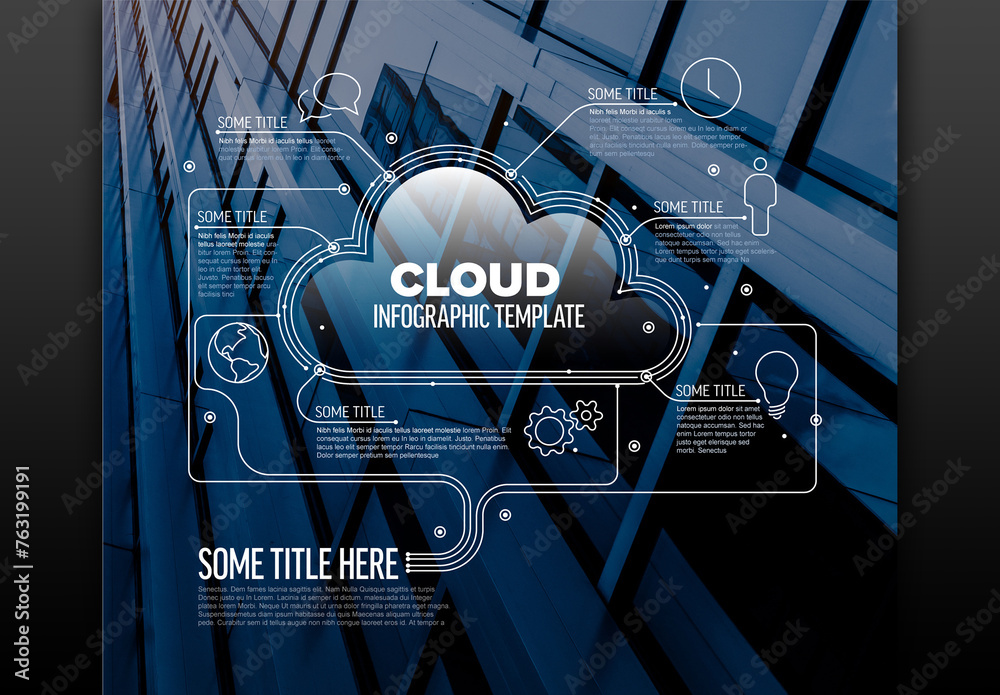 Vector Infographic report template made from lines and icons with cloud storage and background photo placeholder
