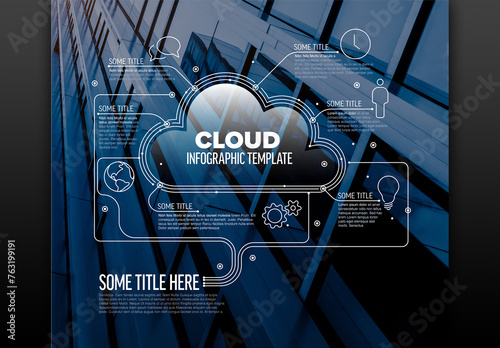 Obraz na płótnie Vector Infographic report template made from lines and icons with cloud storage and background photo placeholder w salonie