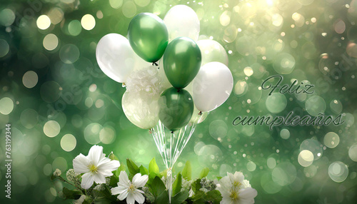 tarjeta o pancarta para desear un feliz cumpleaños en verde con globos verdes y blancos y flores blancas debajo sobre un fondo verde con círculos en efecto bokeh
