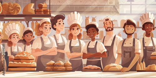 Animated Bakery Team Smiling Together with Delicious Baked Goods on Display