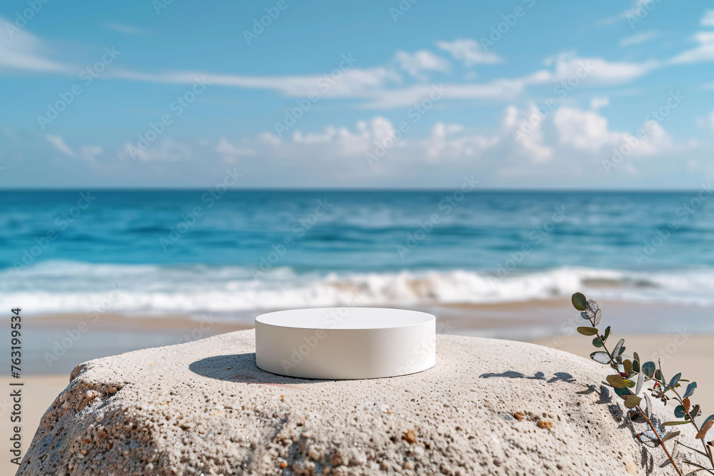 product podium display with beautiful sand beach daylight time for advertisement product podium display with beautiful sand beach daylight time for advertisement