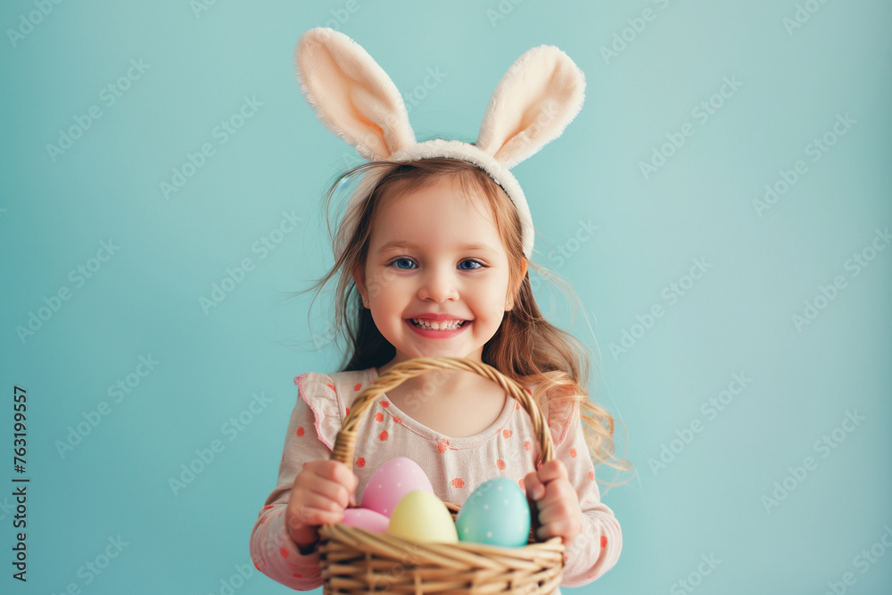 Cute little child wearing bunny ears on Easter day. Girl holding basket with painted eggs on light blue background Cute little child wearing bunny ears on Easter day. Girl holding basket with painted eggs on light blue background