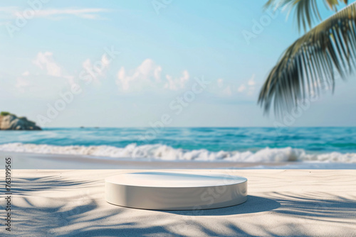 product podium display with beautiful sand beach daylight time for advertisement