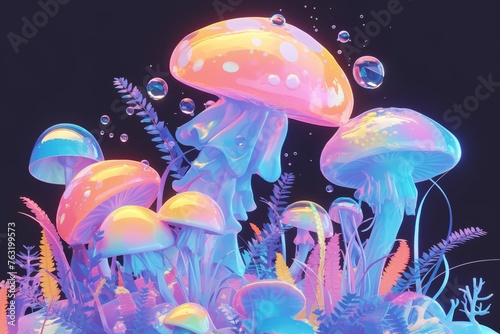 colorful mushrooms and jellyfish in the dark background,