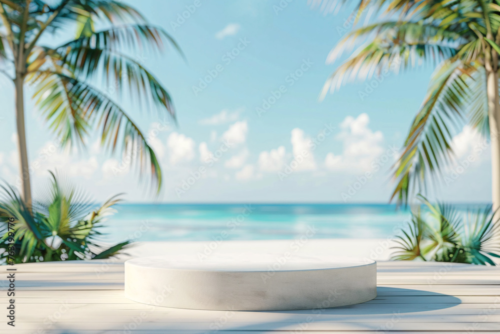 product podium display with beautiful sand beach daylight time for advertisement product podium display with beautiful sand beach daylight time for advertisement