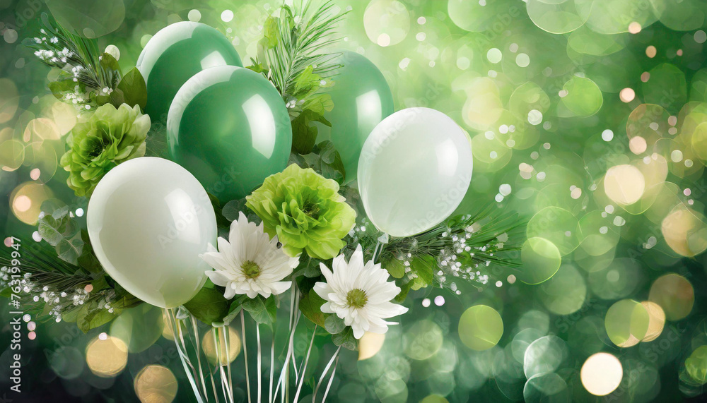 illustration d'un bouquet de fleurs et de ballons dans les teintes vert et blanc sur un fond vert avec des ronds en effets bokeh