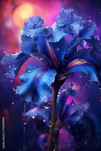 Blue flower adorned with water droplets