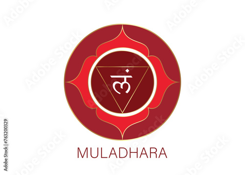 Muladhara chakra logo template. First root chakra symbol. Red sacral sign meditation, yoga round mandala icon vector isolated on white background 