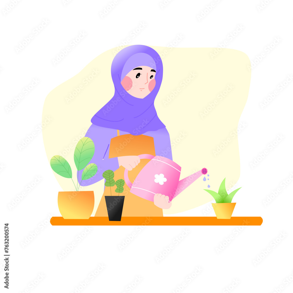 Muslimah watering plants on earth day Muslimah watering plants on earth day