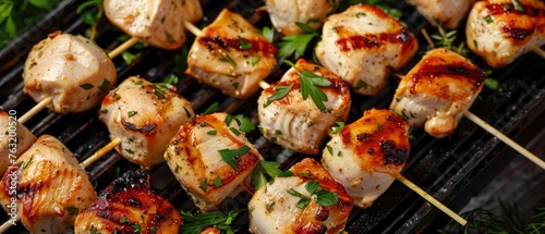 Grilled chicken cubes with herbs and salt on wooden sticks, a close up photo of the meat.