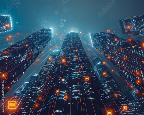 High technology business cyber connections low angle modern skyline digital pulse