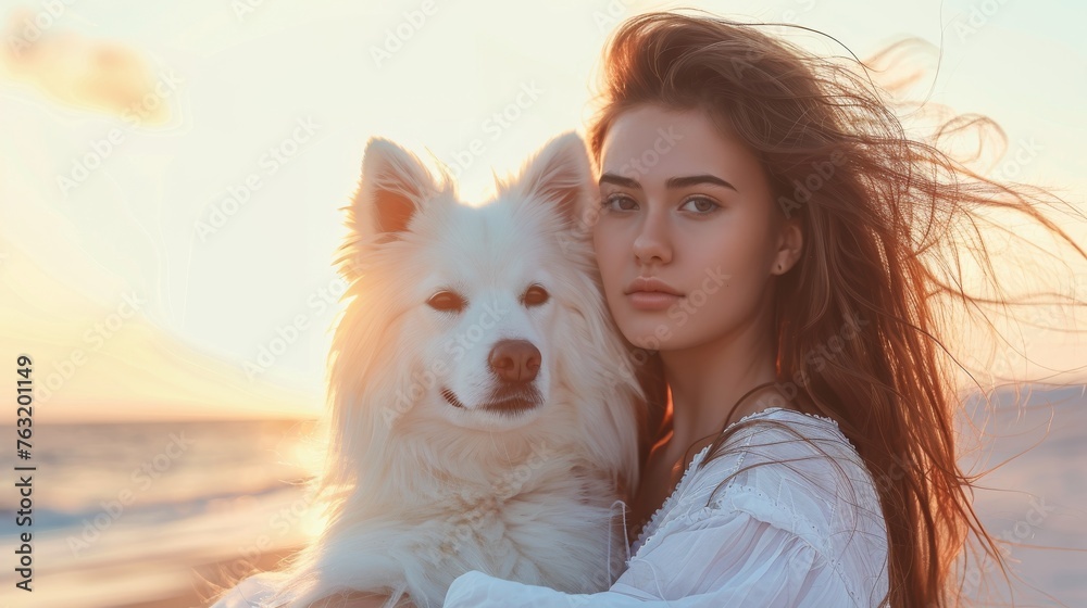 Beautiful young woman with a soft, natural makeup look, holding her serene white dog against a backdrop of a calm beach at sunset.