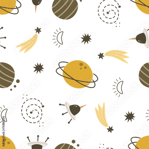 seamless pattern with cartoon planets, spaceship, stars, decor elements. Colorful vector for kids. Space. hand drawing. baby design for fabric, print, wrapper, textile