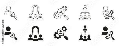 Employment Line and Silhouette Icon Set. Human Resource Black Pictogram. Hiring Talent Employee Symbol Collection. Recruitment Agency, Find People Sign. Isolated Vector Illustration