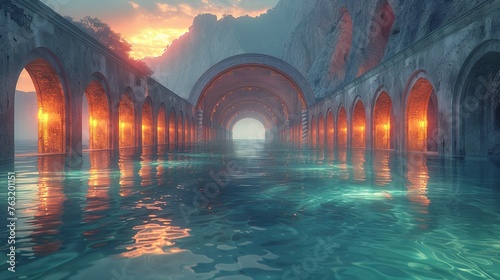 Luminous Tide Cloister archways reflecting on glowing waters