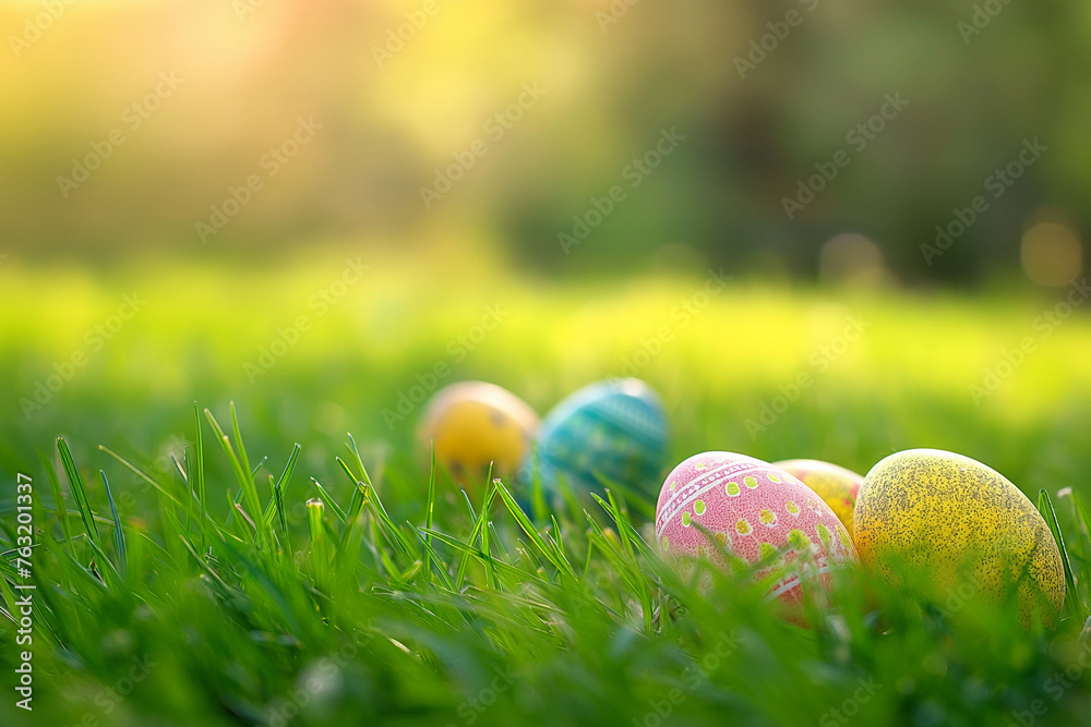 Easter eggs in green grass. Festive decoration. Happy Easter! Easter eggs in green grass. Festive decoration. Happy Easter!