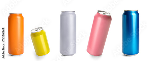 Set of different metal cans isolated on white. Mockup for design