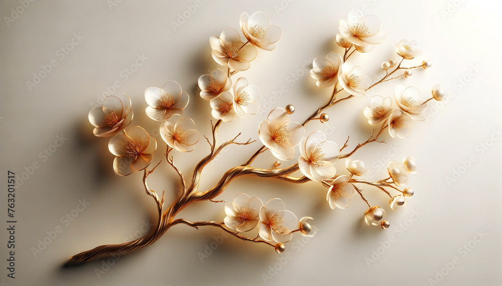 Sakura flowers branch by frosted glass petals with soft gold branch 3D render style isolated on white background in concept luxury, modern, floral art.