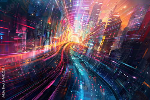 Futuristic city tunnel with dynamic neon illumination