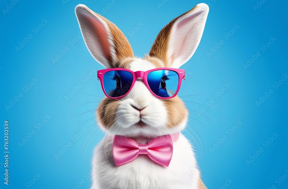 funny easter concept holiday animal celebration greeting card - cool easter bunny, rabbit with pink sunglasses and bow tie, isolated on light blue background
