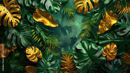 Various gold and green leaves of tropical plants as natural background