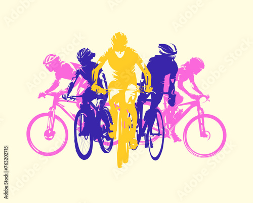 Cycling, mountain biking and road cycling, isolated vector silhouette