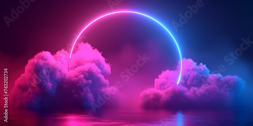 Abstract Neon Background With Illuminated Cloud And Round Geometric Arch - A Pink And Blue Neon Circle With Clouds And Water