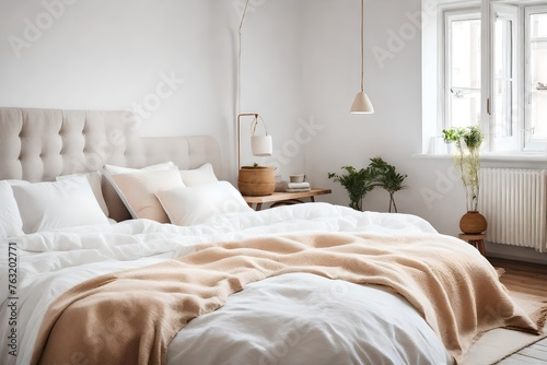 cozy home bedroom interior with unmade bed