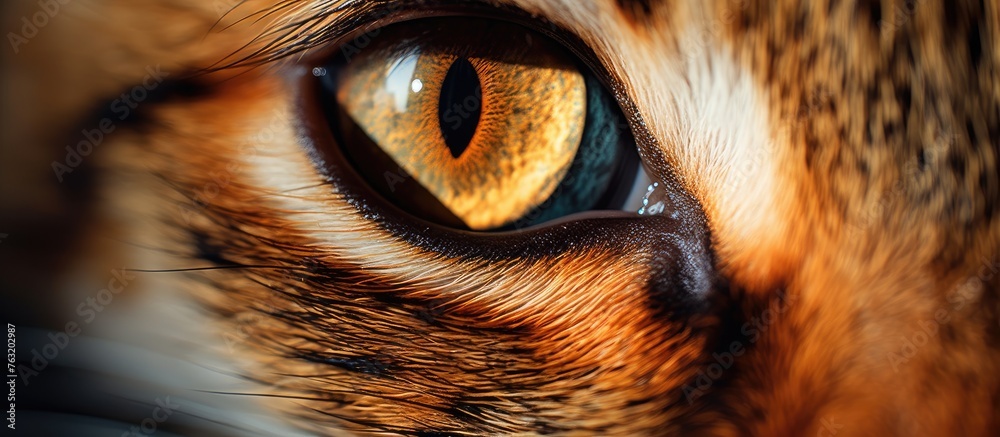 A close up of a Felidaes eye, a carnivorous animal belonging to the Felidae family. The blue pupil stands out against the fawn fur and whiskers - obrazy, fototapety, plakaty 