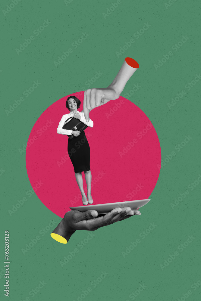 Fototapeta premium Vertical collage image of black white effect arm fingers hold mini elegant girl big plate isolated on green background