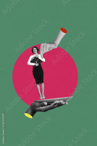 Vertical collage image of black white effect arm fingers hold mini elegant girl big plate isolated on green background