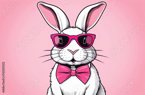 Funny easter concept holiday animal celebration greeting card - Cool easter bunny, rabbit with pink sunglasses and bow tie, isolated on light pink background