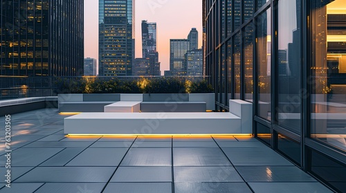 Contemporary rooftop featuring a matte white sitting area on a polished concrete floor, facing the city, window reflecting warm ambient light. generative AI