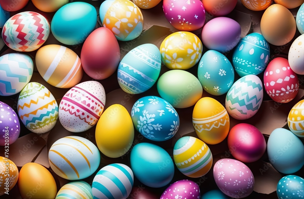 Easter composition of colorful easter eggs over plain background. Springtime holidays concept with copy space - Easter decoration, banner, panorama, background