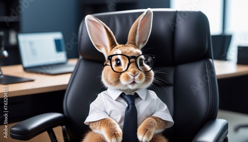 Rabbit as a boss with glasses wearing a tie and sitting in an office chair photo