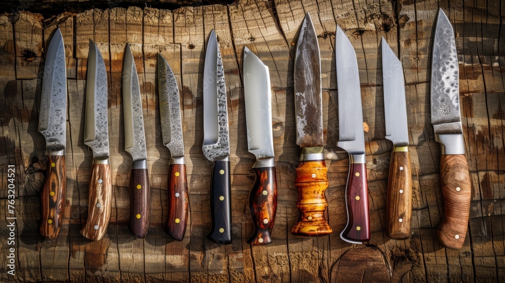 Set of knives on an old wooden background. Selective focus. Set of knives on an old wooden background. Selective focus.