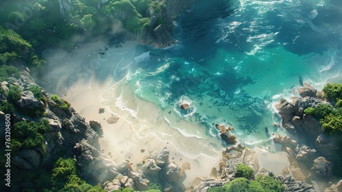 Aerial view of a serene beach and turquoise waters - Top-down perspective of crystal-clear turquoise water meeting a pristine sandy beach surrounded by rugged cliffs