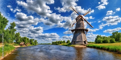 Windmill by a Calm River. A classic windmill with a thatched roof stands on a riverbank. Lush green trees line the opposite bank, and the sky is a clear blue. The river flows calml photo